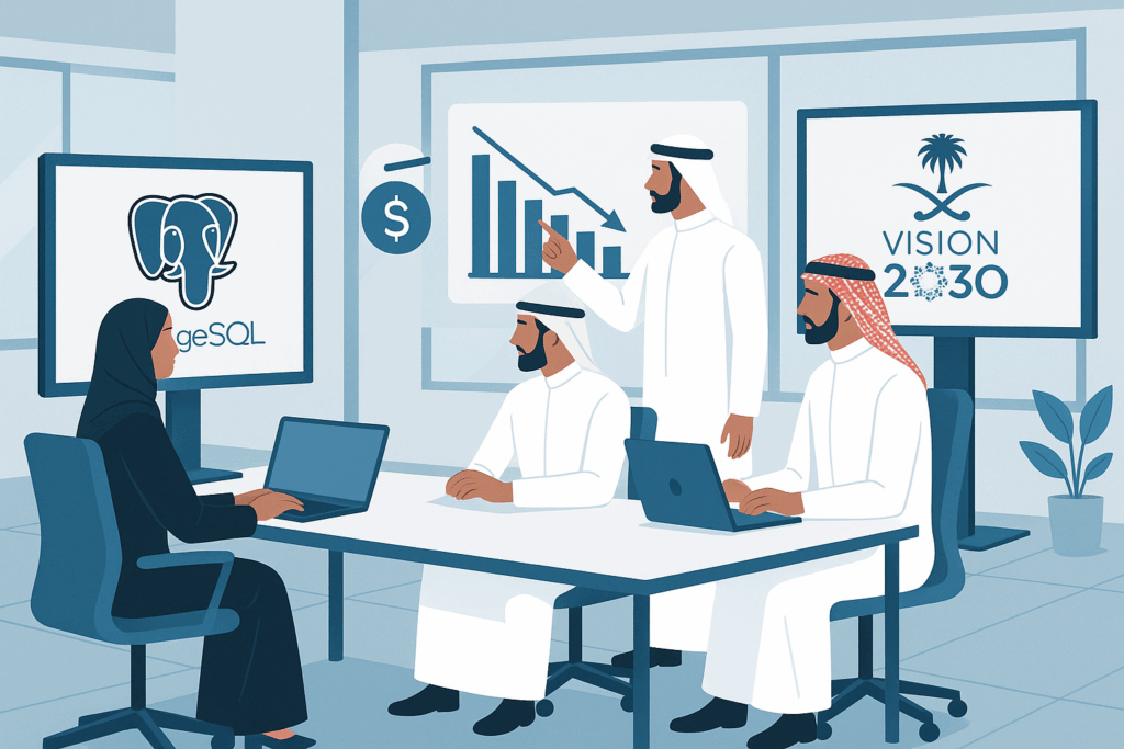 Discover how CYBERTEC's PostgreSQL Enterprise solutions can reduce database costs by up to 80% for Saudi enterprises, supporting Vision 2030's digital transformation goals.